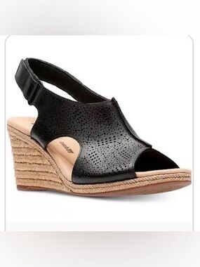 Clarks Lafley Rosen Black Perforated Leather Espadrille Wedge Sandal